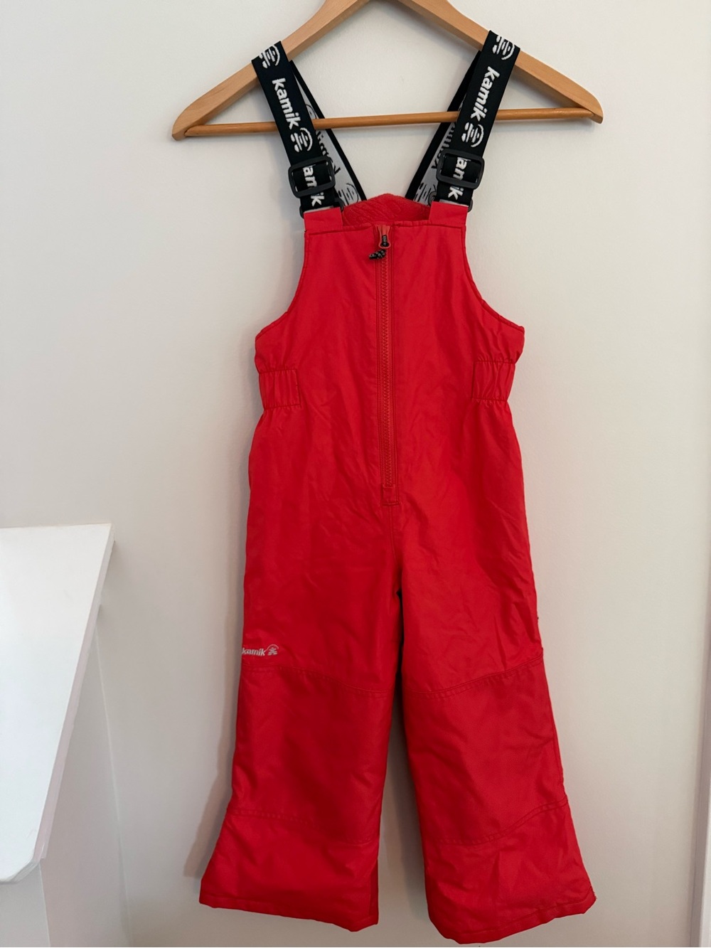 Kamik Bright Red Kids Snow Overalls with Black Logo Suspenders